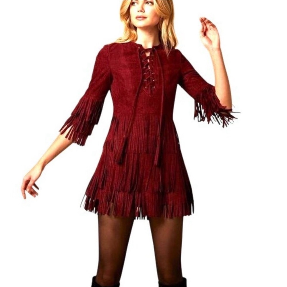 Choosy Burgundy Faux Suede Fringe Dress XS NWT